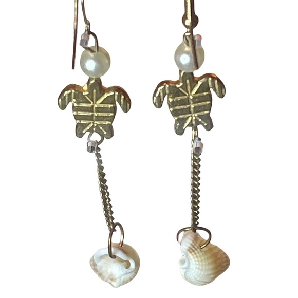 Vintage Brass Turtle, Pearl & Shell Long Dangling Drop Statement Earrings - Picture 4 of 6